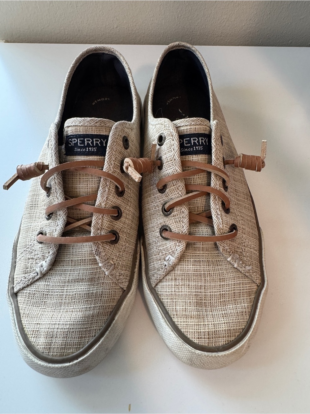 Sperry Wonen's Linen-Texture Boat Shoes in Beige with Tan Laces